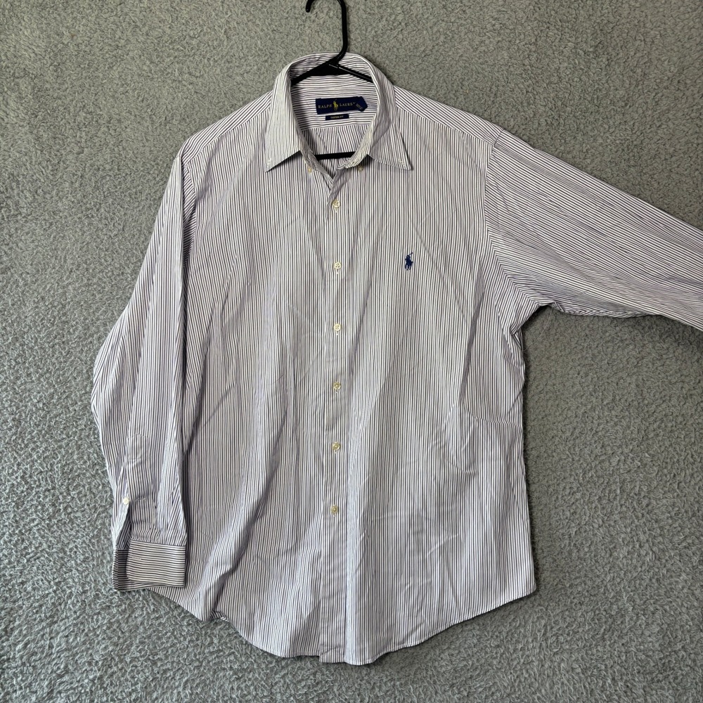 Ralph Lauren Mens Custom Fit Striped Button Down Shirt Purple Navy White 16.5 L
